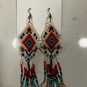 Beaded Dangle Earrings with Red, Black, and Turquoise Accents